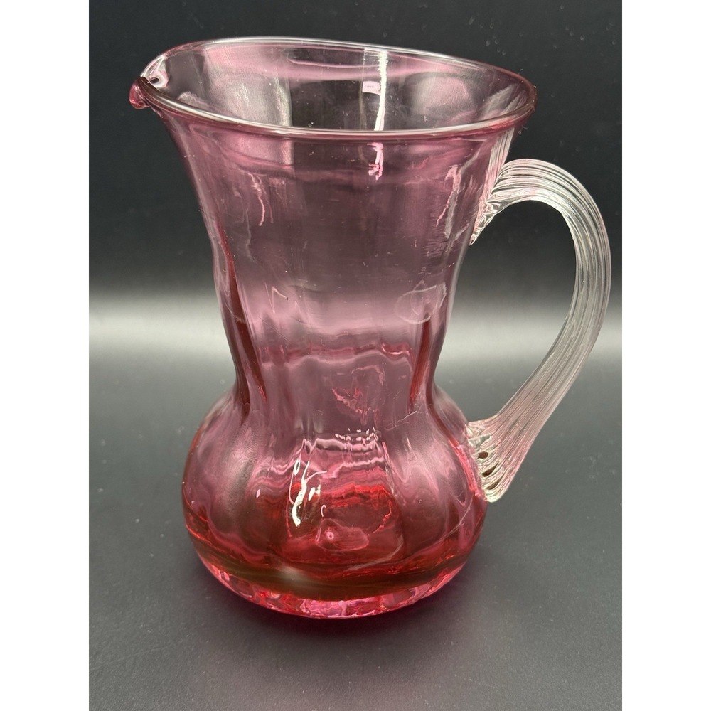 VTG Pilgrim Cranberry Glass Mini Pitcher Hand Blown Applied Clear Handle EUC